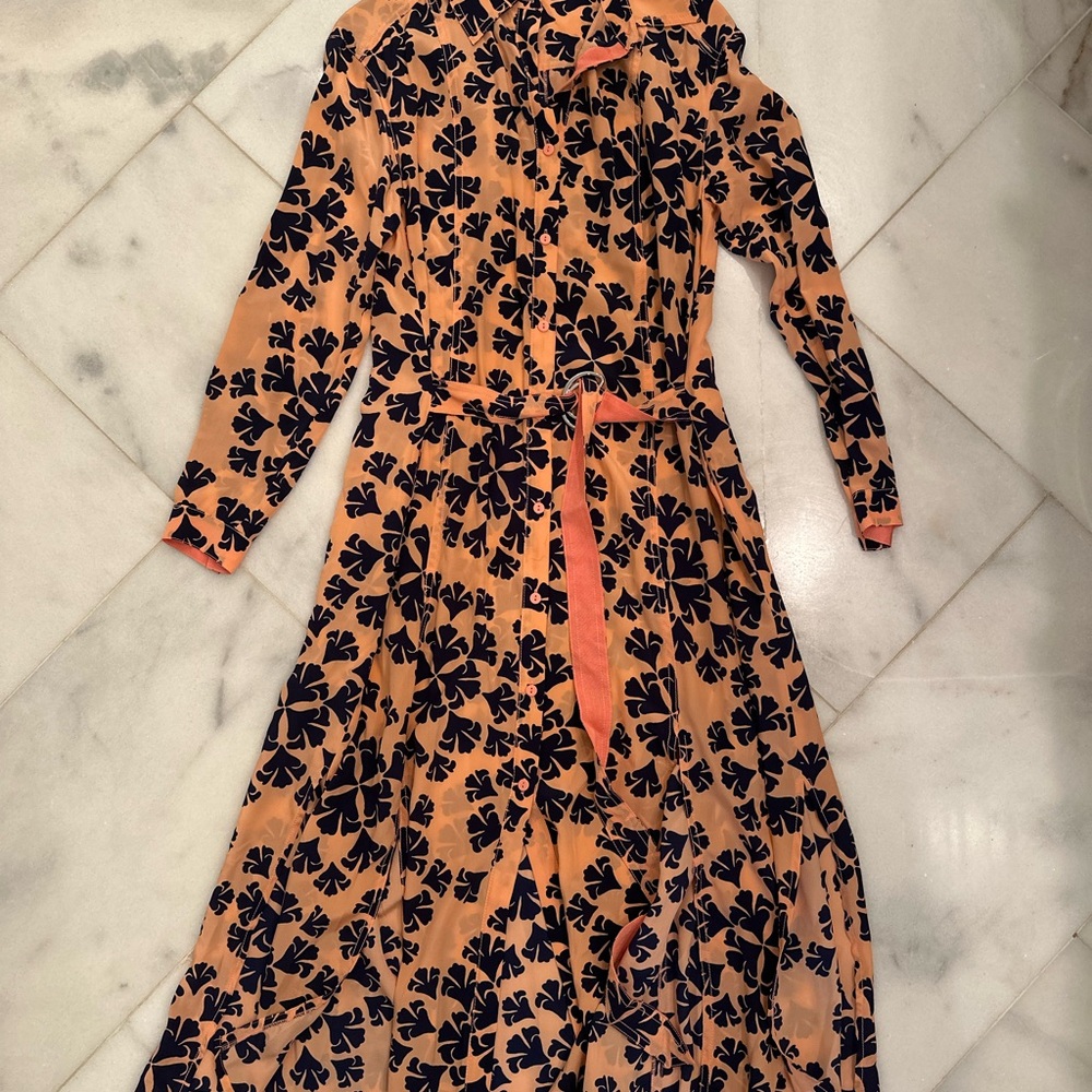 Diane Von Furstenberg-Floral Print Long Sleeve midi Dress, Peach/Navy-100% silk